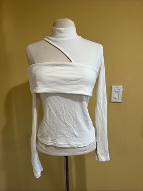 New Commense White Asymmetric One-Shoulder Long Sleeve Top